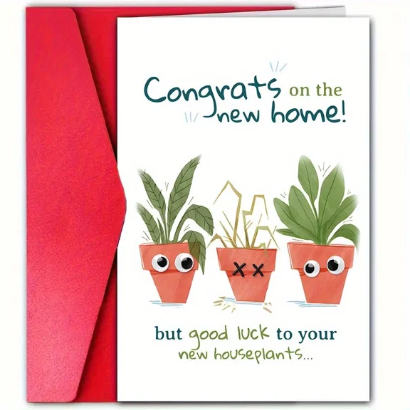 Congrats on the New Home Greeting Card Fun Houseplant Design, Envelope Included, Blank Inside Perfect for New Homeowners and Housewarming Gifts