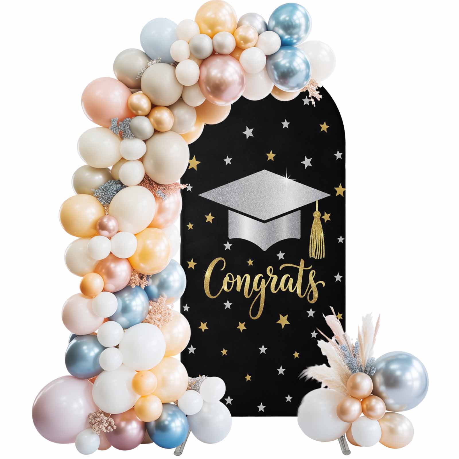 Congratulate Graduate Season Arch Backdrop Cover 7.2 FT Graduation Hat Golden Sliver Star Black Stretchy Arch Stand Covers Spandex Arched Background Birthday Wedding Party Decoration (No Stand)