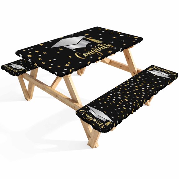 Congratulate Graduate Season Picnic Table Cover with Bench Covers Graduation Hat Golden Sliver Star Black Waterproof Fitted Picnic Tablecloth 3 Pieces Set Table Cloth for Outdoor Camping Garden BBQ
