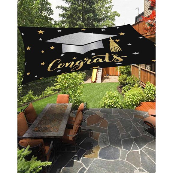 Congratulate Graduate Season Sun Shade Sail 14'X18' Graduation Hat Golden Sliver Star Black UV Block Outdoor Sail Shades Breathable Waterproof Rectangular Sunshade for Patio Garden Pool Pergola Porch