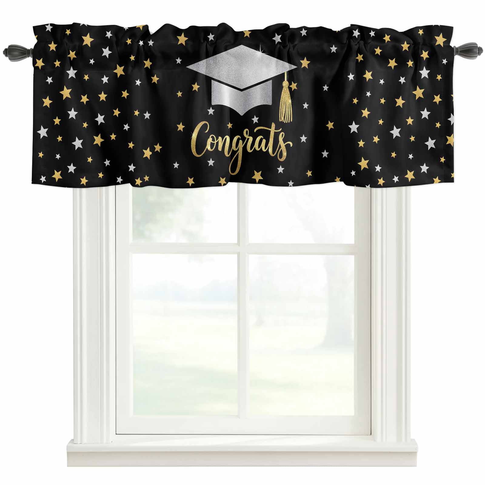Congratulate Graduate Season Valances for Windows Graduation Hat Golden Sliver Star Black Rod Pocket Curtain Valance Window Treatment Short Curtains for Kitchen Living Room, 60"x18"
