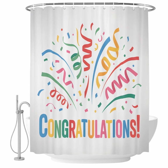 Congratulation Celebration Bathroom Shower Curtains with Hooks, Colorful Ribbon Gradient Gray Waterproof Fabric Washable Shower Curtain for Home Hotel Bathtub Decor 72x72 Inch