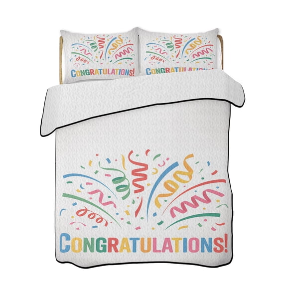 Congratulation Celebration Quilts Bedding Set Twin Size Colorful Ribbon Gradient Gray Lightweight Quilted Bedspread 3 Piece Bed Quilt with 2 Pillow Shams All Season for Bedroom 68" x 86"
