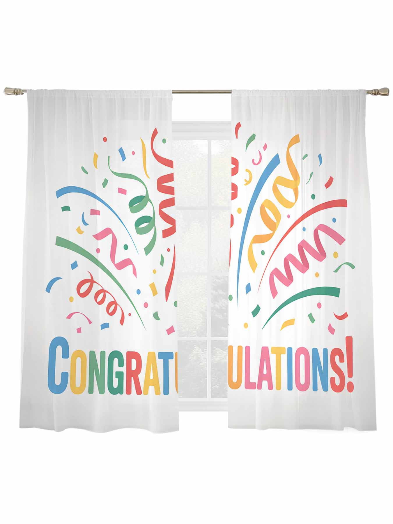 Congratulation Celebration Sheer Curtains 2 Panels Set Colorful Ribbon ...