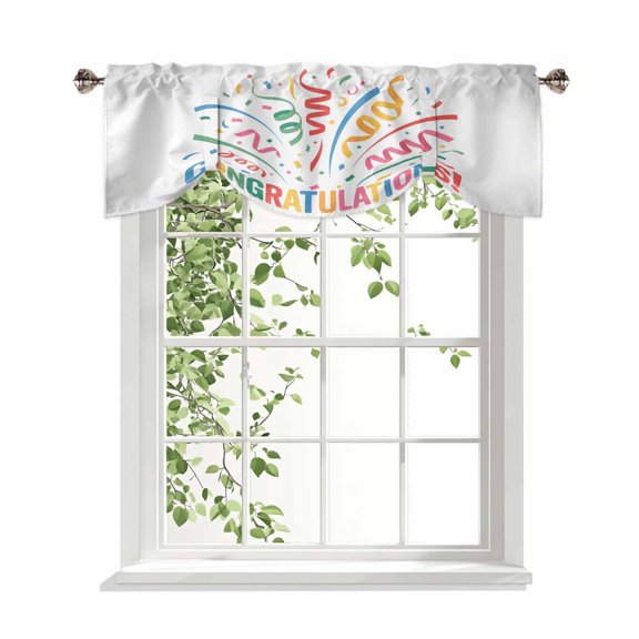 Congratulation Celebration Tie Up Valances Curtain, Adjustable Kitchen Colorful Ribbon Gradient Gray Valances for Windows Decor, Rod Pocket Short Curtains Set for Bedroom/Bathroom, 42"x18"