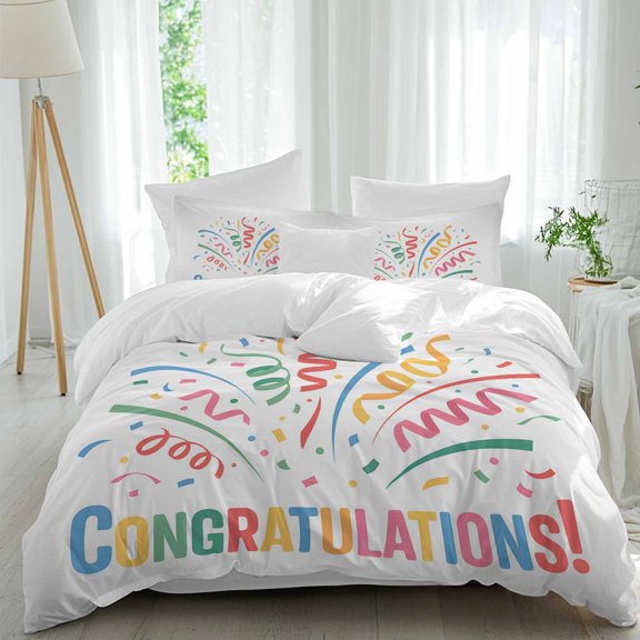 Congratulation Celebration Twin Duvet Cover Set, Colorful Ribbon Gradient Gray 4 Piece Microfiber Bedding Set with Zipper Closure, Bed Sheet and 2 Pillow Shams, Soft Bedding Cover