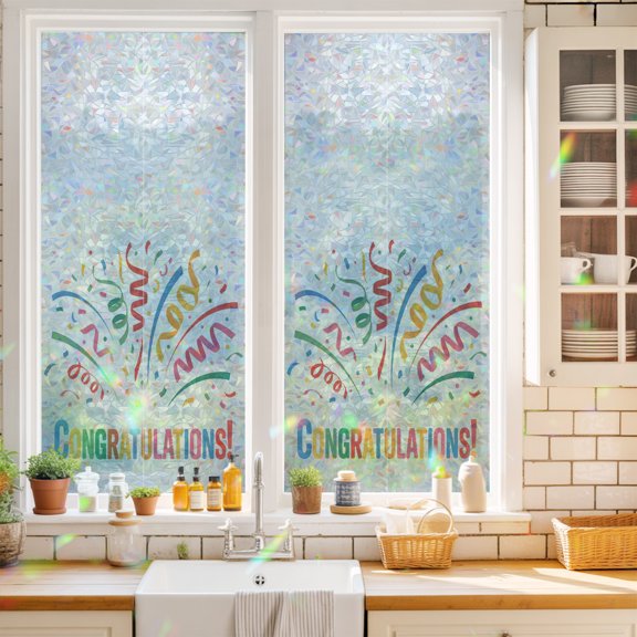 Congratulation Celebration Window Privacy Film Colorful Ribbon Gradient Gray Static Cling Stained Glass Window Film Non-Adhesive Decorative Decals Rainbow Sticker 17.7"X39.3"