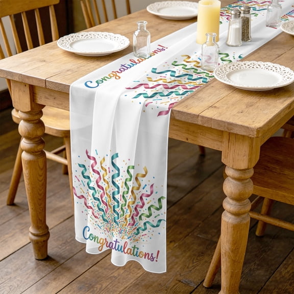 Congratulations 10ft Cheesecloth Table Runner for Wedding 27"x120", Joyful Celebration Rainbow Ribbons Confetti Kitchen Dinner Sheer Tulle Chiffon Dresser Scarf, Holiday Party Decorations