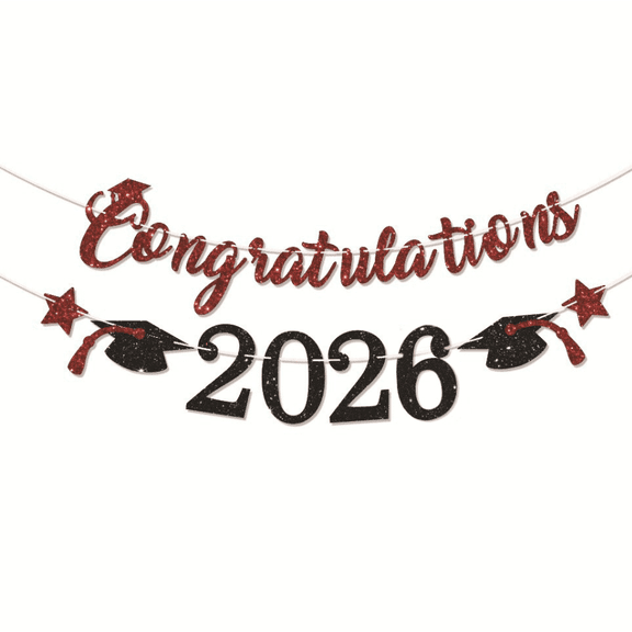 Congratulations 2026 Banner, Red Glitter, Black Glitter, Graduation Theme, Grad Cap and Stars Decor