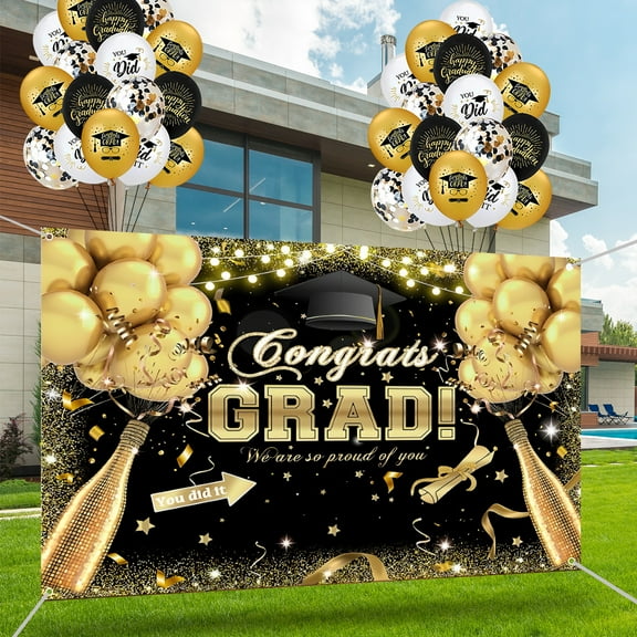 Congratulations Banner Congrats Grad Banner Backdrop Balloons Class of 2025 Black Graduation Decoration Party Favor Supplies Design 3