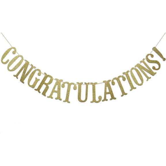 Congratulations Banner - Pre-strung Glitter Gold Party Decorations for Graduation, Wedding, Bridal Shower, Engagement, Retirement, Baby Shower, Birthday & Anniversary