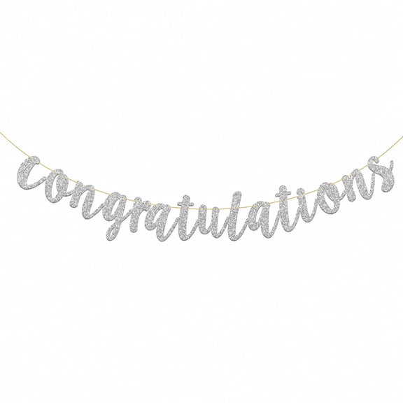 Congratulations Banner Silver Glitter Graduation Decorations Banner for School College Graduate, Wedding, Anniversary, Retirement Party Decorations