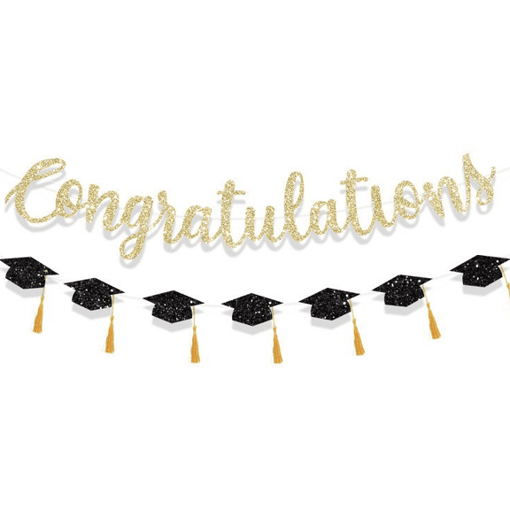 Congratulations Banner with Graduation Cap Garland, Gold Glitter and Black, Party Decoration Set