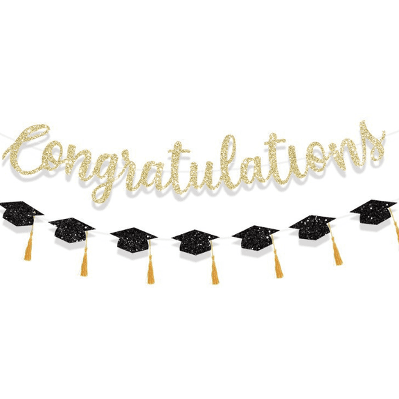 Congratulations Banner with Graduation Cap Garland, Gold Glitter and Black, Party Decoration Set