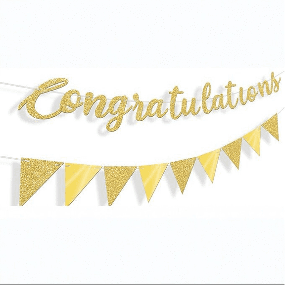 Congratulations Banner with Triangle Pennant Bunting, Gold Glitter, Party Decoration Set