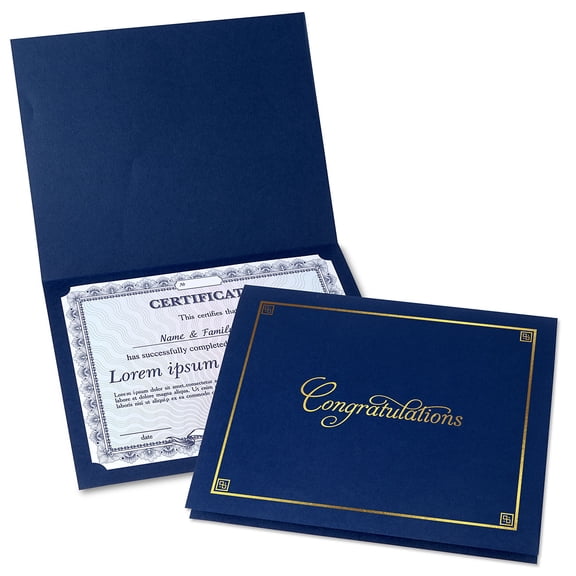 Congratulations Blue & Gold Certificate Folders - Pack of 50, Linen Cover 80 lb. Stock, Folded, Die-Cut Corners, for Office, Business Awards, Graduation, School Diploma Holder, 9-1/2" x 12"