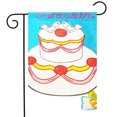 Congratulations Cake Applique Wedding Garden Flag Doves Rings 12" x 18"
