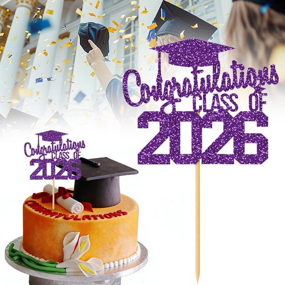Congratulations Cake Topper, Glitter Congrats Grad Decorations, Class of 2026 College Senior Graduation Celebration Party Celebration Decor, Purple