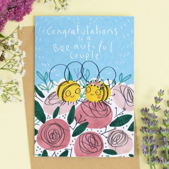 Congratulations Card for Bee-autiful Couple Cute Bee Design Blank Inside, Eco-friendly Cardstock, Perfect for Weddings, Anniversaries, or Engagements