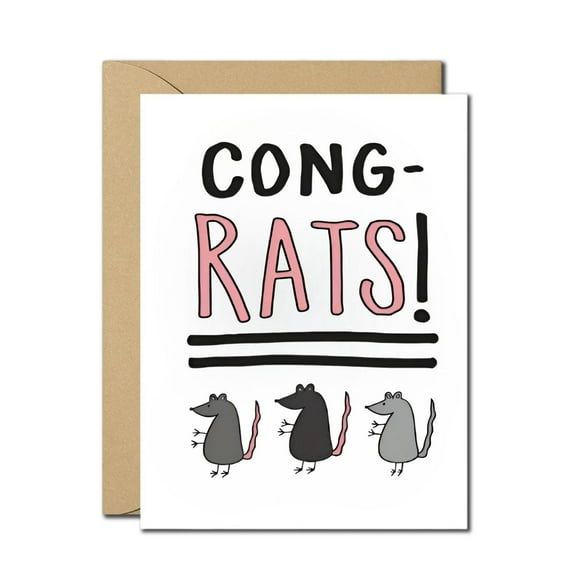 Congratulations Card with Cute Rat Illustration – "CONG-RATS!" – Envelope Included, Blank Inside – Perfect for Celebrations, Graduations, New Jobs, and More