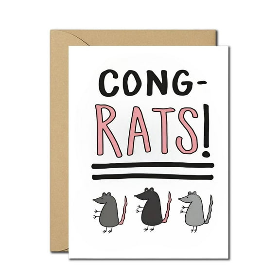 Congratulations Card with Cute Rat Illustration "CONG-RATS!" Envelope Included, Blank Inside Perfect for Celebrations, Graduations, New Jobs, and More