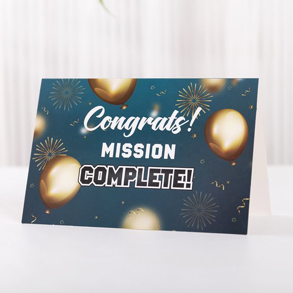 Congratulations Card "Mission Complete!" Design with Balloons and Fireworks Blank Inside, Matching Envelope Included Perfect for Graduations, Achievements, and Celebrations