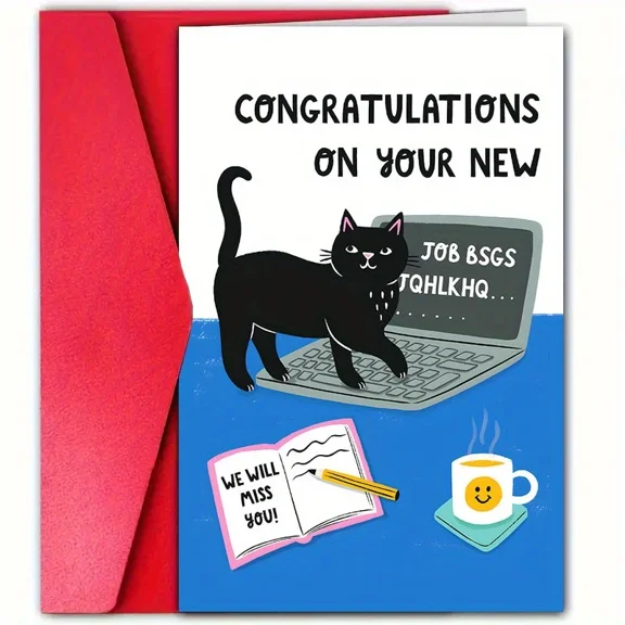 Congratulations Card for New Job Cute Black Cat Design with Laptop and Coffee Blank Inside, Envelope Included Perfect for Farewell or Moving On Gift
