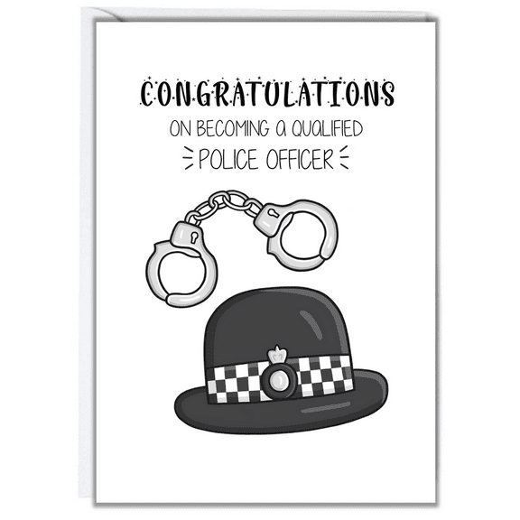 Congratulations Card for New Police Officer  Fun Hat and Handcuff Design  Perfect for Graduations and Achievements  Blank Inside with Envelope Included