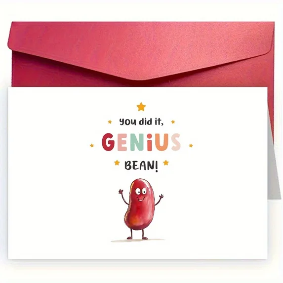 Congratulations Card – “You Did It, Genius Bean!” – Fun and Colorful Design – Envelope Included, Blank Inside – Perfect for Celebrations and Achievements