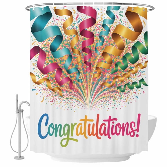 Congratulations Celebration Bathroom Shower Curtains with Hooks, Colorful Lines Ribbon Gradient Waterproof Fabric Washable Shower Curtain for Home Hotel Bathtub Decor 72x72 Inch