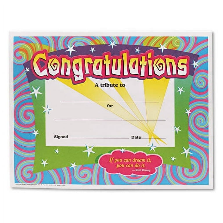 Congratulations Colorful Classic Certificates, 11 x 8.5, Horizontal Orientation, Assorted Colors with White Border, 30/Pack Congratulations Colorful Classic Certificates, 11 x 8.5, Horizontal Orientation, Assorted Colors with White Border, 30/Pack