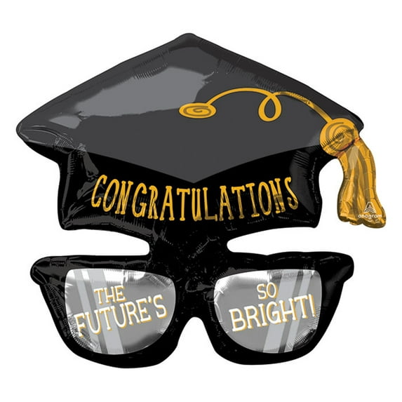 Congratulations Grad Glasses Graduation Party 34"x37" Foil Balloon, Black Gold