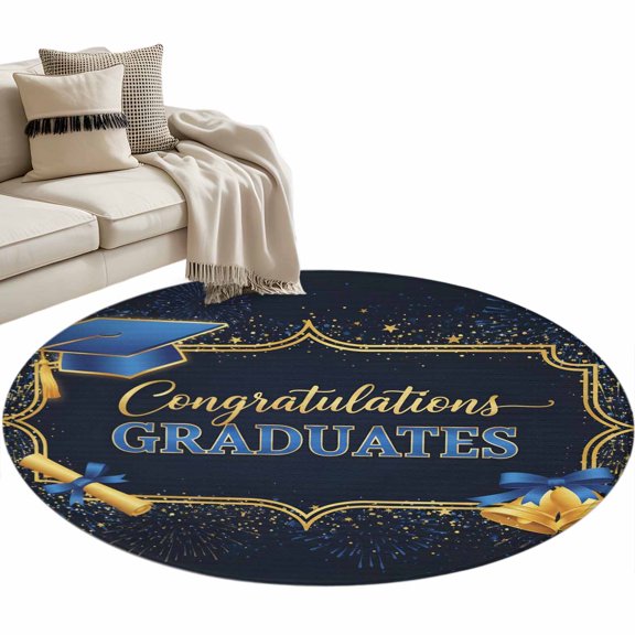 Congratulations Graduations Round Rug 3ft Washable Circle Entryway Rugs Non Slip Blue Graduation Cap Firework Area Rug Indoor Floor Carpet for Bedroom Kitchen Living Room Office Dining Room Nursery