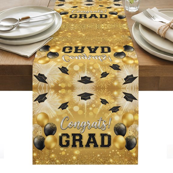 Congratulations Graduations Table Runner Golden Fireworks Balloons Tablerunners 13 x 36 Inch, Table Decorations Tabletop Scarf for Summer Gathering Holiday Farmhouse Kitchen Dining Decor