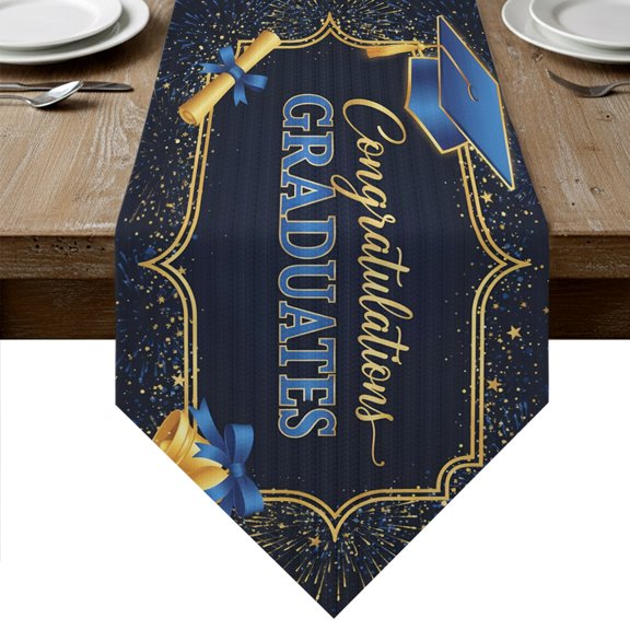 Congratulations Graduations Table Runner Linen Burlap Table Runner 36 Inches Small Blue Graduation Cap Firework Dresser Scarves for Kitchen Island Coffee Dining Room Party Holiday Decor 13"x36"