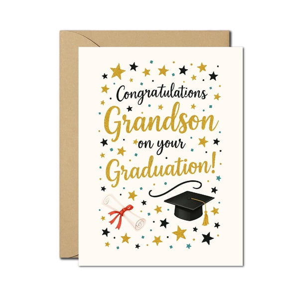 Congratulations Grandson Graduation Card  Gold Glitter Star Design with Cap & Diploma  Special Graduation Card for Grandson from Grandparents  Class of 2025 Card with Envelope