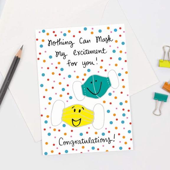 Congratulations Greeting Card Fun Mask Design with Smiley Faces Blank Inside, Colorful Polka Dots, Perfect for Celebrations and Achievements