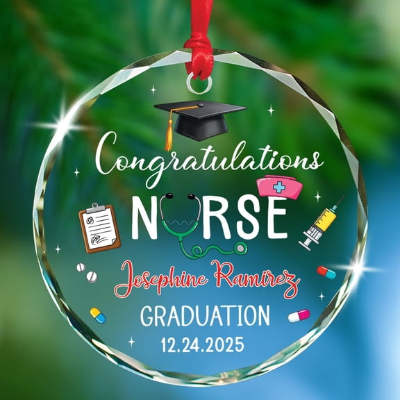 Congratulations Nurse Graduation Glass Ornament 2025, Personalized Name & Date Medical Graduate Ornament, Nursing Graduation Keepsake Gifts for RN Doctorate Dr, Custom New Nurse Graduated Ornaments