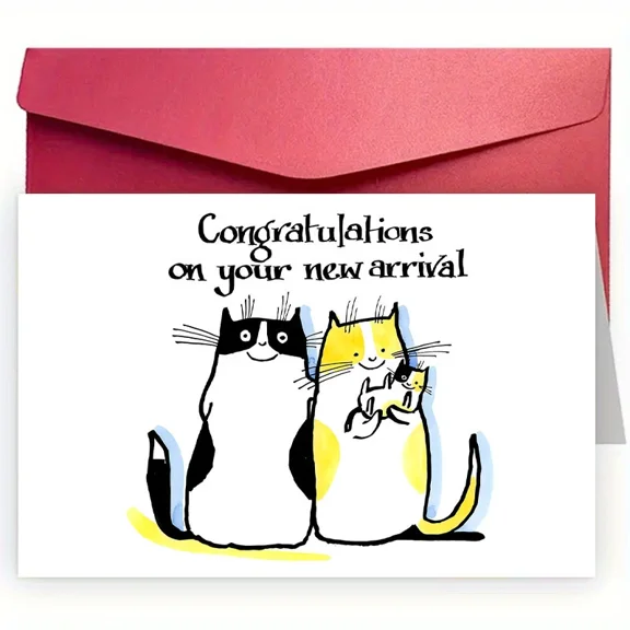 Congratulations on Your New Arrival Card Adorable Cat Family Design with Envelope Perfect for Baby Shower or Newborn Gift