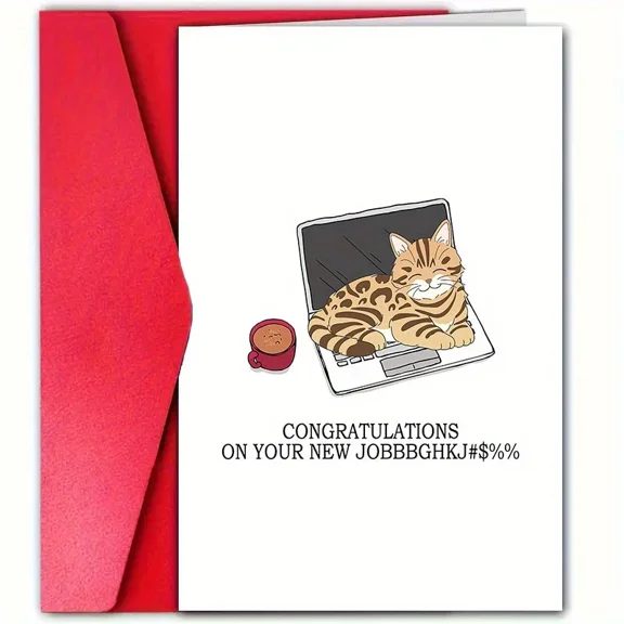 Congratulations on Your New Job Cat Card Cute Cat on Laptop Design Perfect for Job Promotion, Career Change, or New Position Envelope Included