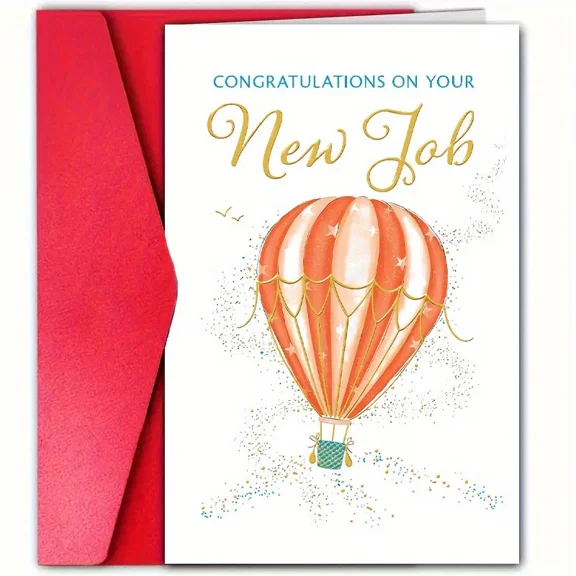 Congratulations on Your New Job Greeting Card Hot Air Balloon Design with Red Envelope Perfect for Celebrating Career Success and New Beginnings