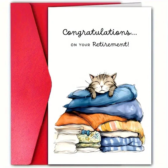 Congratulations on Your Retirement Card Cute Cat Snuggled on Pillows Design Envelope Included, Blank Inside Perfect Gift for Retirees