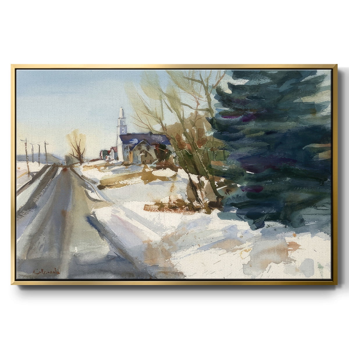 Congregational Church in Winter - Framed Gallery Wrapped Holiday Canvas - 17 x 25 - Gold Frame