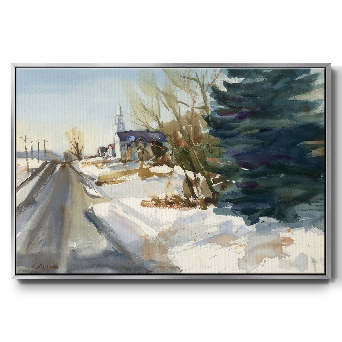 Congregational Church in Winter - Framed Gallery Wrapped Holiday Canvas - 17 x 25 - Silver Frame