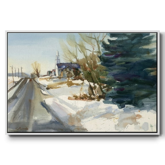 Congregational Church in Winter - Framed Gallery Wrapped Holiday Canvas - 17 x 25 - White Frame
