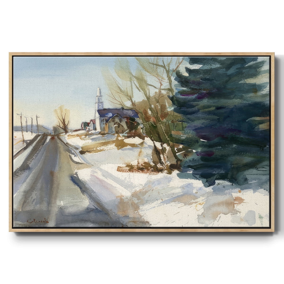 Congregational Church in Winter - Framed Gallery Wrapped Holiday Canvas - 25 x 37 - Natural Wood Frame