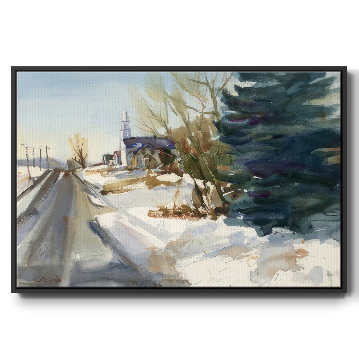 Congregational Church in Winter - Framed Gallery Wrapped Holiday Canvas - 27 x 41 - Black Frame