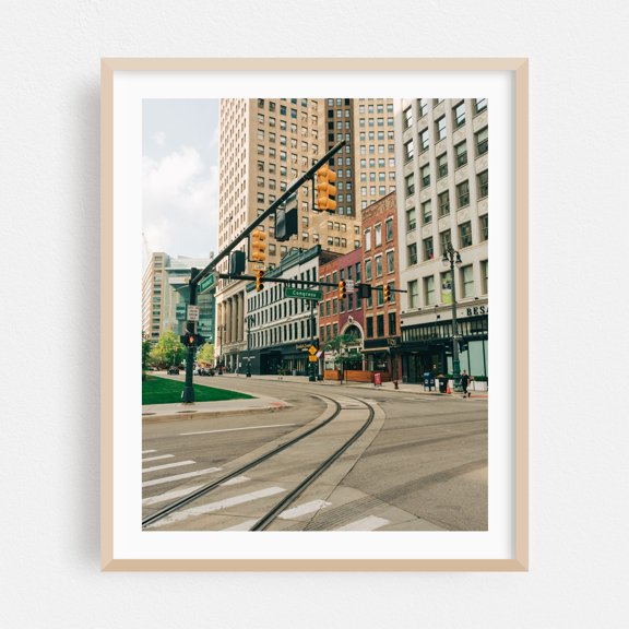 Congress & Woodward, Detroit - Detroit Michigan Photography Cityscape Street Photography Architecture City Travel Poster Oak Framed Wall Art Print 6 x 8 inches