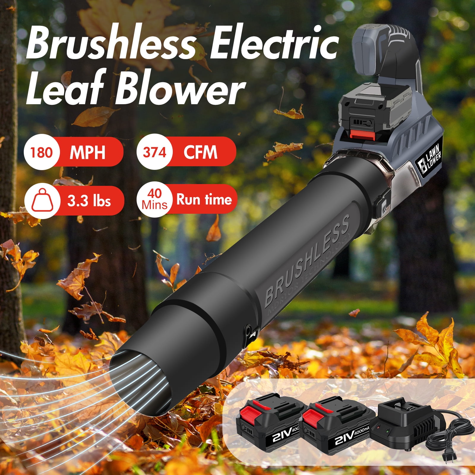 Conhome 21V Cordless Leaf Blower with 2 x 4.0Ah Batteries and Fast Charger, Two-Speed Adjustment Handheld Leaf Blower, 180MPH 350 CFM, for Lawn Care, Patio Cleaning, Blowing Leaves and Dust