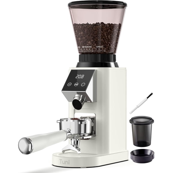Conical Burr Coffee Grinder, 48 Grind Settings Anti-static Burr Mill, Precision Electronic Timer and LED Touchscreen for Espresso/Drip/Cold Brew/French Press, Stainless Steel, Ivory